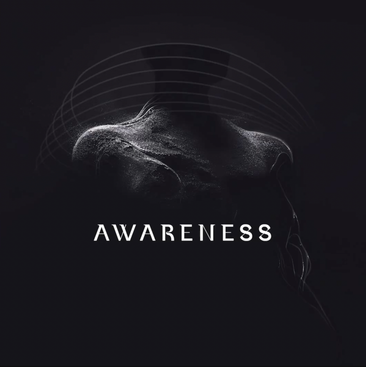 Abstract dark silhouette of a human torso with light particle effects and the word 'AWARENESS' below.
