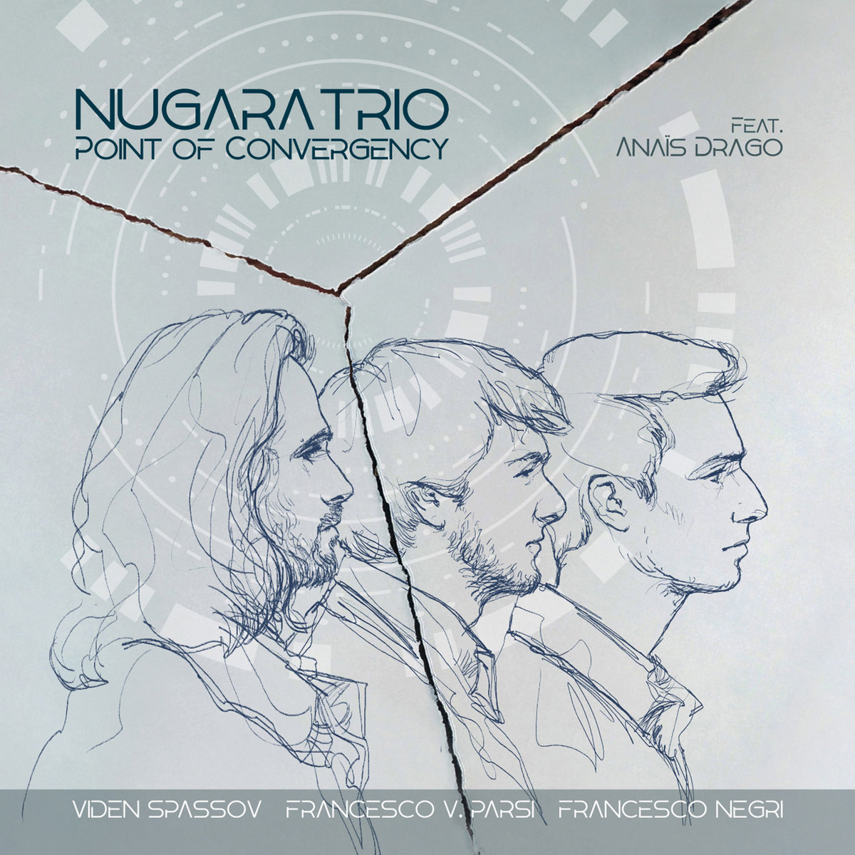 Sketch of three men in profile with a torn paper effect and circular graphic elements, album titled 'Nugara Trio Point of Convergency' featuring Anaïs Drago.